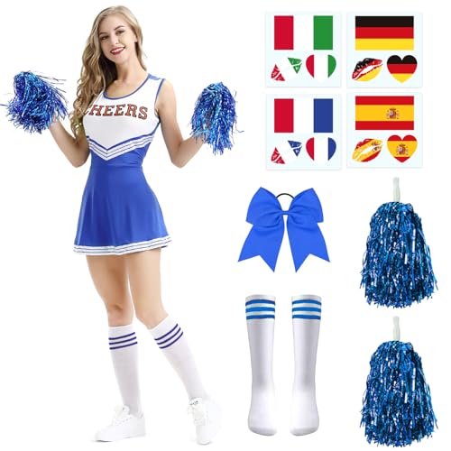 SUZMEI Cheerleader Kostüm Damen, Cheerleadering Outfit mit Pompoms,Socken,Tattoo-Aufkleber und Kopfschmuck,Cheerleading Uniform Kleid,Karneval Kostüm, für Faschingsparty, Mottoparty (Blu, L) von SUZMEI