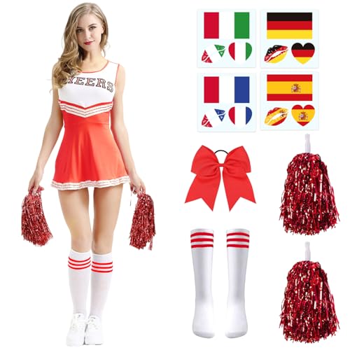 SUZMEI Cheerleader Kostüm Damen, Cheerleadering Outfit mit Pompoms,Socken,Tattoo-Aufkleber und Kopfschmuck,Cheerleading Uniform Kleid,Karneval Kostüm, für Faschingsparty, Mottoparty (Rot, L) von SUZMEI