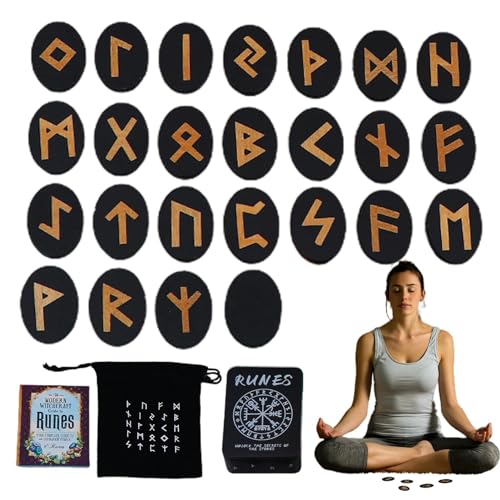 SVCEQZE Hexenrunen Set,Wikingerrunen,Mystische Runen mit Handbuch und Aufbewahrungstasche | Mythology Rune Divination Game Set, 25-teiliges Holzrunen für Anfänger, Wahrsagerei, Meditation von SVCEQZE