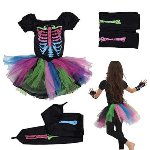 SVCEQZE Mädchenkostüme,Halloweenkostüm für Mädchen - Buntes Halloween-Skelett-Kostüm - Kinder-Skelett-Outfit, Mädchen-Kinderkostüm für Maskerade-Halloween-Party von SVCEQZE