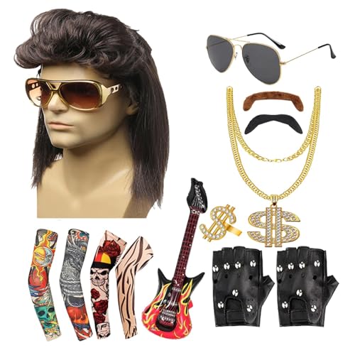 SVCEQZE Rock-Kostüm, 80er-Jahre-Rocker-Kostüm-Set | Rockstar-Zubehör 13-teilige Rock-80er-Jahre-Kostüme | 80er-Jahre-Outfits mit Hippie-Accessoires für Männer, Rockkonzerte, Kostümpartys, Festivals von SVCEQZE