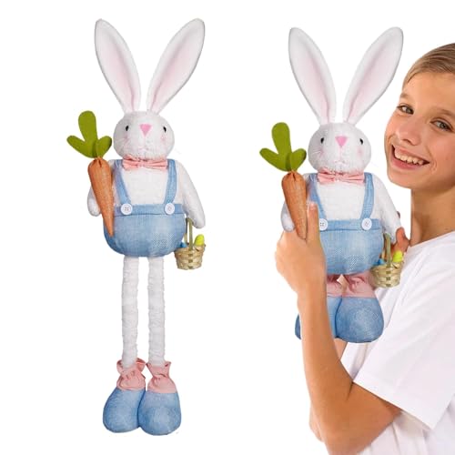 SVCEQZE Weiche Hasenpuppe, Osterhase GNOME | Netter gefüllter Kaninchen mit einziehbarem Frühlingsbein,Osterhause Display Ornament, Kaninchen mit Korb und Karotten für Kinder, Kinder und Erwachsene von SVCEQZE