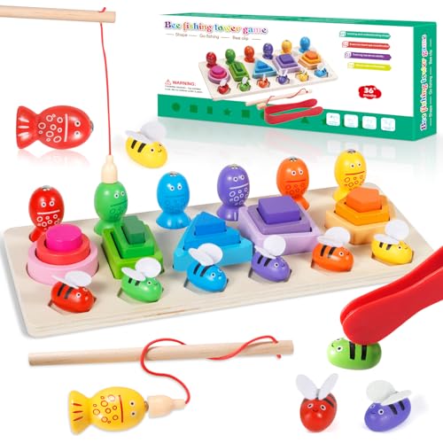 SVIPDDD Montessori Magnetspielzeug für Kinder ab 3 Jahre-Bienenfangspiel Holz,Angelspiel mit magnet fischen,Fördert Feinmotorik,Kreativität,Ideales Spielzeug & Geschenk,Inkl Lernturm & Angelruten von SVIPDDD