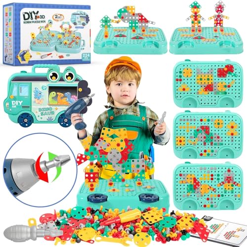 SVIPDDD werkzeugkoffer Kinder mit 224 Teilen,3D Puzzle Mosaik Werkzeugkoffer,Steckspiel inkl Elektrische Bohrmaschine,Schrauben kinderspielzeug für ab 3 4 5 6 Jahre Jungen Mädchen Spielzeugwerkzeuge von SVIPDDD