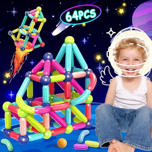 SVYHUOK Magnetische Bausteine 64 Stück Magnete Kinder, Magnetbausteine Baukasten Kinderspielzeug, Magnetic Bauklötze Fantasievolle ​​für Haus und Schulgeschenke für Jungen und Mädchen von SVYHUOK