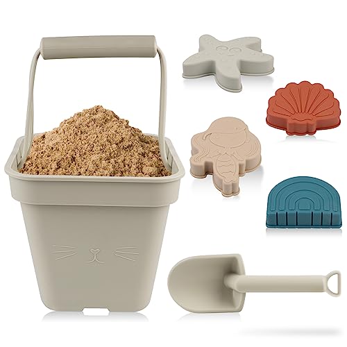 SWAWIS 6 Pecices Sand Spielzeug Set, Graugrün Weich Silikon Strand Spielzeug für Kleinkinder Jungen Mädchen, Sand Eimer, Schaufel, Meerjungfrau, Seestern, Muschel, Regenbogen Sandkasten Outdoor-Spiele von SWAWIS