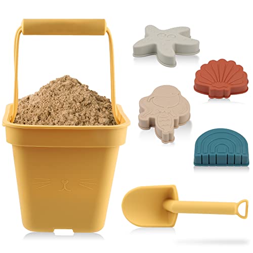 SWAWIS 6 Pecices Weich Silikon Sand Spielzeug Set für Kleinkinder Jungen Mädchen, Sand Eimer, Schaufel, Meerjungfrau, Seestern, Muschel, Regenbogen Sandkasten Strand Spielzeug Outdoor-Spiele,Gelb von SWAWIS