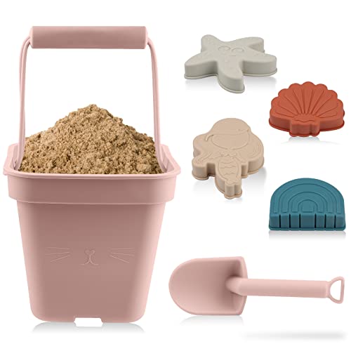 SWAWIS 6 Pecices Weich Silikon Sand Spielzeug Set für Kleinkinder Jungen Mädchen, Sand Eimer, Schaufel, Meerjungfrau, Seestern, Muschel, Regenbogen Sandkasten Strand Spielzeug Outdoor-Spiele,Rosa von SWAWIS