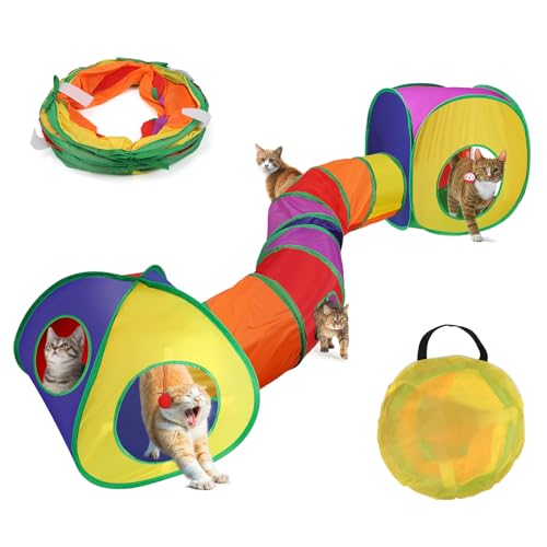 SWAWIS Regenbogen Katzenspielzeug Katzentunnel Set, 3 in 1 Faltbare Katzen Tunnel mit Aufbewahrungstasche, 3 Wege Katzen Spieltunnel Set, Interaktives Katzen Spielzeug für Kätzchen Welpen Kaninchen von SWAWIS