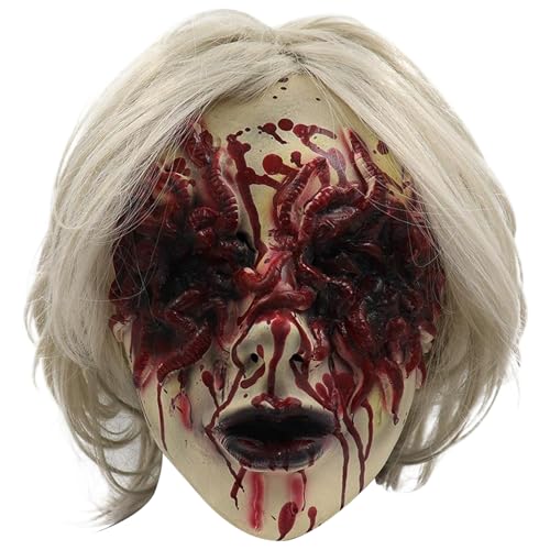 Halloween-Maske weiche Latexmaske mit blutigen Augenmaske weißhaarige Schrecklichkeitsmaske mit Lüftungslöchern eine Größe passt zu den meisten gruseligen Masken für Erwachsene Halloween Cosplay von SWEETBIUTI