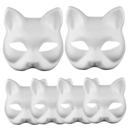 SWEETBIUTI 6pcs Katzenmaske 7x6.7 Weiße Halloween -Maske mit Gummiband, Papierkatze Masken zum Malen von DIY halb Gesichtsblank Therian Maske Ausrüstung für Halloween Cosplay Party von SWEETBIUTI