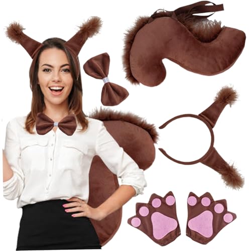 SWEETBIUTI Eichhörnchenkostüm umfasst theriane Ohren Stirnbandpfoten süßer Bowtie Therian Tail mit elastischen Gurtweichohren und Schwanz für Weihnachten, Halloween, Cosplay -Kostüm, Kaffee von SWEETBIUTI