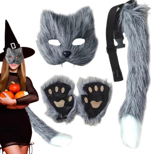 SWEETBIUTI Fox Kostüm Halloween Pelzige Therian Maske und Schwanz & Pfoten Handschuhe, Plüsch Flauschige Katze Wolf Pelsery Kostüm 3PCS/Set für Cosplay Party Halloween Masquerade, Grau von SWEETBIUTI