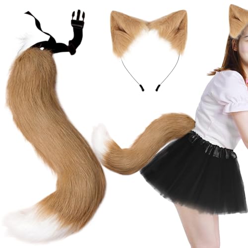 SWEETBIUTI Fox Ohrs und Heck Halloween Kostüm Set Weiche Flauschige Fuchs Ohren Stirnband und einstellbare pelzige tierische Ohren Schwanz Fuchs Kostüm für Halloween -Party -Cosplay -Kostüm, Khaki von SWEETBIUTI