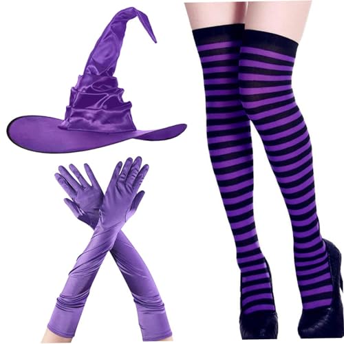 SWEETBIUTI Hexenkostüm Frauen weicher hautfreundlicher Stoff Halloween-Kostüme mit lila gestreiften Socken, spitzem Hut, Handschuhen, Kleid für Halloween-Cosplay-Partys, One Size von SWEETBIUTI