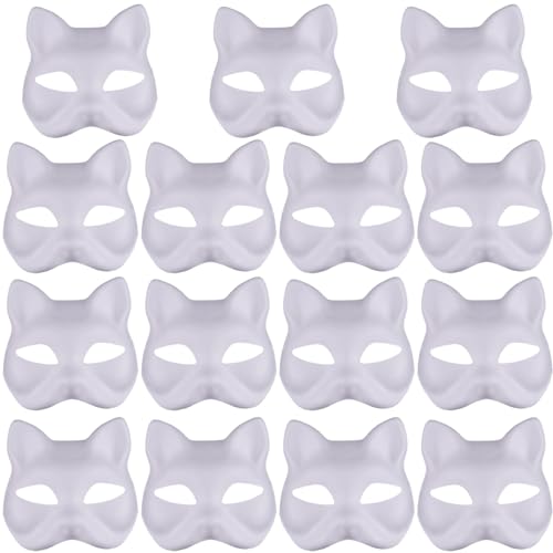 SWEETBIUTI Katzenmaske 15pcs Halbfuchsmaske Weiße Therian Maske DIY Lackierbare Leere Maskerade -Masken mit elastischer Band Tiergesichtsmaske für Holloween Masquerade Party Cosplay Toy Play von SWEETBIUTI