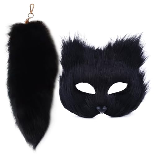 SWEETBIUTI Katzenmaske und Therianschwanz, Set aus pelziger Fuchsmaske und 40,6 cm langem Fuchsschwanz, Schlüsselanhänger, Halbgesichtsmaske, Maskerade, Maske für Cosplay, Kostüm, Party-Zubehör, von CIFFRA