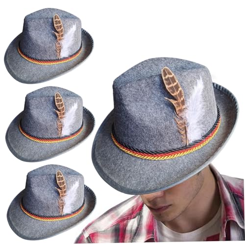 SWEETBIUTI Oktoberfest Hut Bayerische Hut 3pcs weiche dekorative gefiederte Fedora Hut Retro Oktro Oktroberfest Accessoires Dekorationen für Karnevalsparty Dress up Rollenspiel Cosplay Gray von SWEETBIUTI