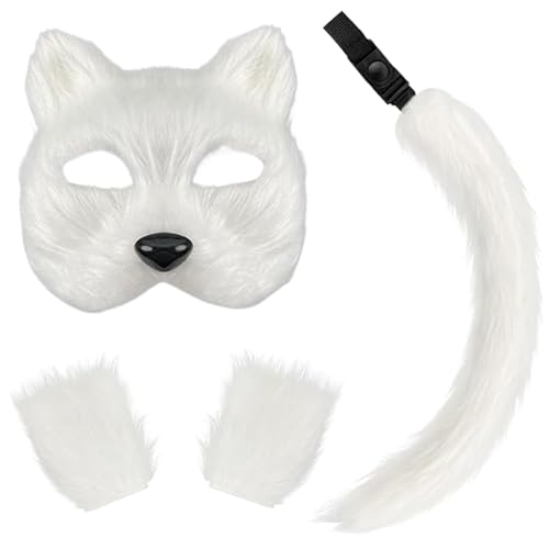 SWEETBIUTI Therian Mask Faux Pelry Maske Schwanzhandschuhe Set 3 PCs Halbgesichtsfuchsmaske mit Verstellbarer Schnalle Exquisite Wolf Maske für Cosplay Fancy Costume Party White Toy Play von SWEETBIUTI