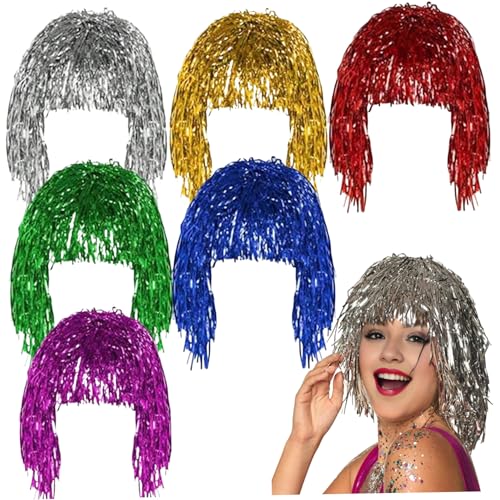 SWEETBIUTI Tinsel -Perücke, 6pcs Shiny Metallic Party Perücken, mehrfarbige, leicht Wiederverwendbare verrückte Perücken für Maskerade, Themenparty und Einzelparty -Cosplay von SWEETBIUTI