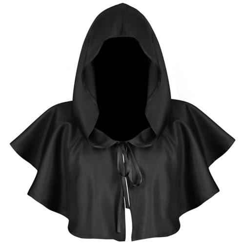 SWEETBIUTI Umhang mit Kapuze mittelalterlicher Cowlhut Vintage Halloween Short Unisex schwarzer weicher Pullover Kapuzenponcho Cowl Cloak mit Hood Cosplay Kostüme für Frauen Männer Pagan Cosplay von SWEETBIUTI