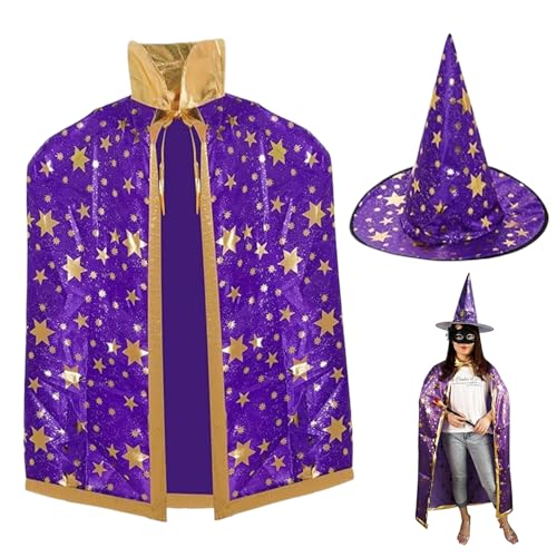 SWEETBIUTI Zauberer Kostüm Kids Kids Wizard Umhang und Zaubererhut Star Print Wizard Kostüm 47.2 Langer Hexen Umhang Robe Wizard Hut für Männer Frauen Karneval Halloween Rollen von SWEETBIUTI