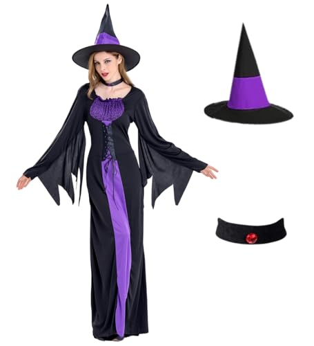 SWOAMER Halloween Hexe Kleid Damen Renaissance Kostüm Violett Lang Mittelalterliches Kleid Langarm Halloween Kleid Vintage Hexenkleid Gotisch Maxikleid mit Hexenhut Halsketten Violett L von SWOAMER