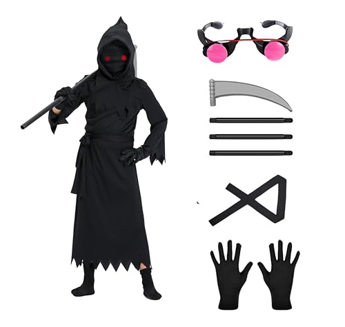 SWOAMER Halloween Kostüm Kinder Leuchtende Brille Sensenmann Kinder Kostüm Halloween Kostüm Set Karneval Cosplay Kostüme Schwarz Unisex mit Sense Handschuhen Kapuze Schwarz L von SWOAMER