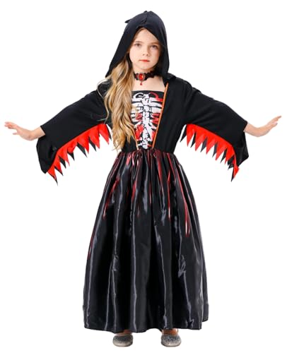 SWOAMER Halloween Kostüm Kinder Mädchen Kleid Halloween Skelett Kleid mit Kapuze Vampir Kostüm Fledermaus kostüm Cosplay Party Kleid Halloween Deko Schwarz Rot Kleid mit Halskette Schwarz L von SWOAMER