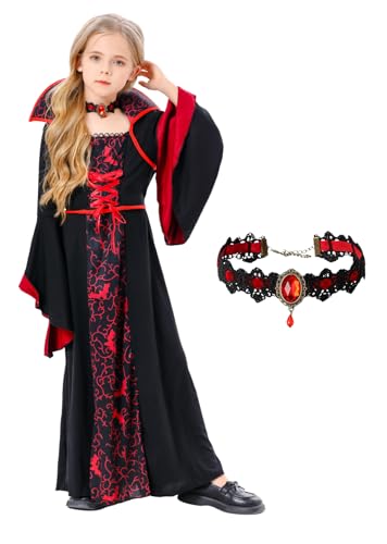 SWOAMER Mädchen Vampir Kostüm Halloween Kostüm Kinder Kleid Cosplay Party Kleid Karneval Cosplay Kostüme Kleid mit Rosen Rubin Halskette Schwarz Rot Kleid Gothic Kostüm Schwarz L von SWOAMER