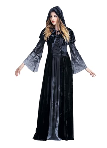 SWOAMER Halloween Kostüm Kinder kleid Mittelalter Samt Kleid Damen Cosplay Party Kleid Vampir Kostüm Umhang mit Kapuze Zombie Skelett Kostüm Karneval Erwachsene L von SWOAMER