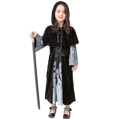 SWOAMER Halloween Kostüm Kinder kleid Mittelalter Samt Kleid Damen Cosplay Party Kleid Vampir Kostüm Umhang mit Kapuze Zombie Skelett Kostüm Karneval Kind L von SWOAMER