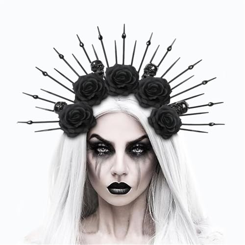 SWOAMER Halloween Totenkopf Haarschmuck Schwarze Rosen Gothic Spiked Blumen Kopfschmuck Fasching Cosplay Hexen Haarreif von SWOAMER