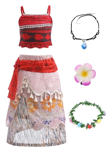 SWOAMER Kinder Moana Prinzessin Kostüm Kinder Faschingskostüme Mädchen Moana Verkleidung mit Zubehör Cosplay Moana Hawaii Top und Rock Set Rot 110 von SWOAMER