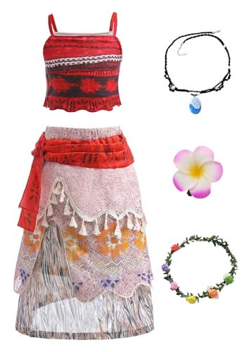 SWOAMER Kinder Moana Prinzessin Kostüm Kinder Faschingskostüme Mädchen Moana Verkleidung mit Zubehör Cosplay Moana Hawaii Top und Rock Set Rot 120 von SWOAMER