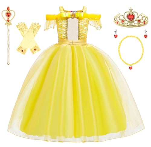 SWOAMER Kinder Prinzessin Kostüm Belle Faschingskostüme Mädchen Dornröschen Kleid Aurora Prinzessin Kleid Fasching Karneval Kostüme mit Zubehör Geburtstag Cosplay Festliches Kleid Gelb 100 von SWOAMER