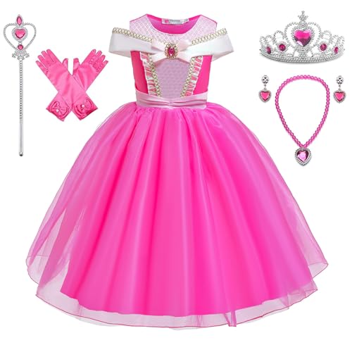 SWOAMER Kinder Prinzessin Kostüm Belle Faschingskostüme Mädchen Dornröschen Kleid Aurora Prinzessin Kleid Fasching Karneval Kostüme mit Zubehör Geburtstag Cosplay Festliches Kleid Rosa 100 von SWOAMER