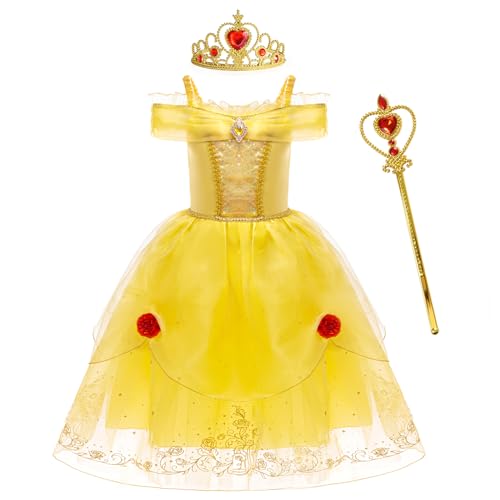 SWOAMER Mädchen Belle Prinzessin Kostüm Belle Tüll Kleid Faschingskostüme Belle für Geburtstags Party Halloween von SWOAMER