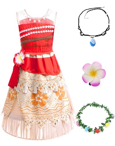 SWOAMER Mädchen Faschingskostüm Kinder Moana Prinzessin Kostüm 4 Set Prinzessin Kleid mit Zubehör Prinzessin Moana Party Kleid Moana Cosplay Kleidung Rot 110 von SWOAMER