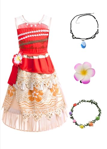 SWOAMER Mädchen Faschingskostüm Kinder Moana Prinzessin Kostüm 4 Set Prinzessin Kleid mit Zubehör Prinzessin Moana Party Kleid Moana Cosplay Kleidung Rot 140 von SWOAMER