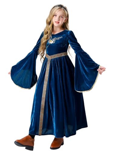 SWOAMER Mädchen Mittelalter Samt Kleid Renaissance Costume Lang Kleid Damen Burgfräulein Kostüm Mädchen Medieval Princess Costume Victorian Langarm Kleid Halloween Karneval mit Gürtel Blau L(140) von SWOAMER