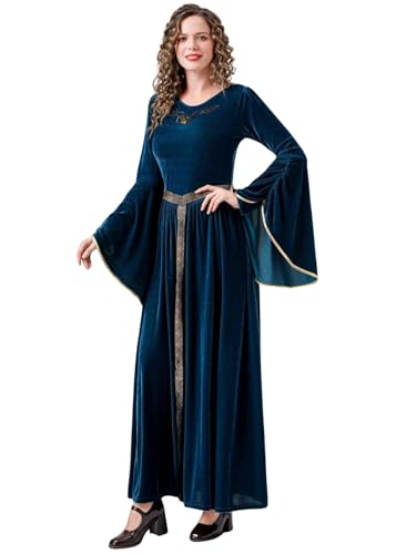 SWOAMER Mädchen Mittelalter Samt Kleid Renaissance Costume Lang Kleid Damen Burgfräulein Kostüm Mädchen Medieval Princess Costume Victorian Langarm Kleid Halloween Karneval mit Gürtel Blau L von SWOAMER