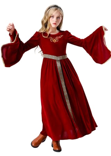 SWOAMER Mädchen Mittelalter Samt Kleid Renaissance Costume Lang Kleid Damen Burgfräulein Kostüm Mädchen Medieval Princess Costume Victorian Langarm Kleid Halloween Karneval mit Gürtel Rot XL(150) von SWOAMER