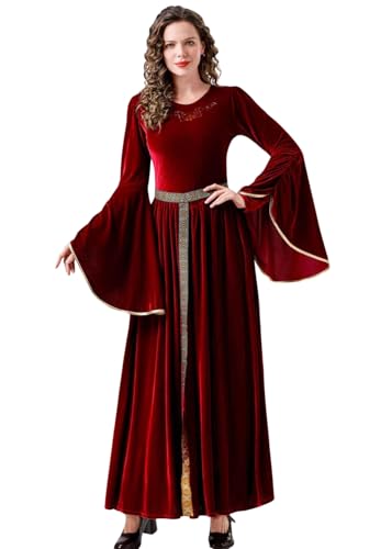 SWOAMER Mädchen Mittelalter Samt Kleid Renaissance Costume Lang Kleid Damen Burgfräulein Kostüm Mädchen Medieval Princess Costume Victorian Langarm Kleid Halloween Karneval mit Gürtel Rot L von SWOAMER