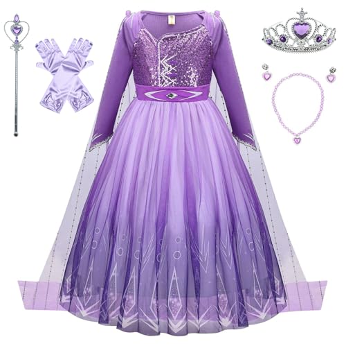 SWOAMER Mädchen Prinzessin Kostüm Paillette Lila Faschingskostüme Kleid Kinder mit Umhang Tüll Kleid Prinzessin Partykleid Kinder Set mit Zubehör für Karneval Cosplay Lila 140 von SWOAMER