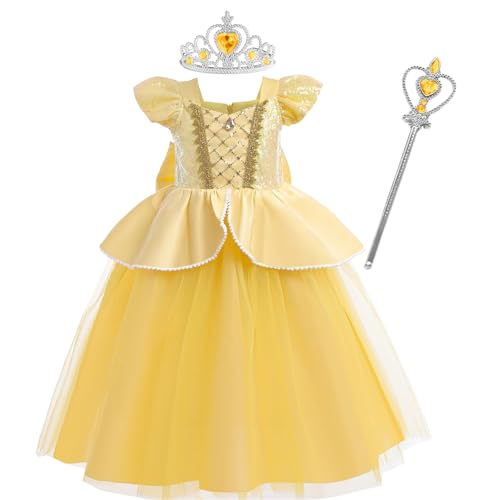 SWOAMER Mädchen Prinzessin Kostüme Cinderella Belle Faschingskostüme Kinder Rapunzel Prinzessin Lang Kleid Dornröschen Tüll Kleid Kostüm Geburtstagsfeier Festkleid Verkleidung mit Zubehör von SWOAMER