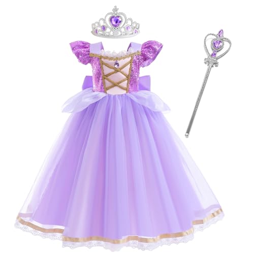 SWOAMER Mädchen Prinzessin Kostüme Cinderella Belle Faschingskostüme Kinder Rapunzel Prinzessin Lang Kleid Dornröschen Tüll Kleid Kostüm Geburtstagsfeier Festkleid Verkleidung mit Zubehör von SWOAMER