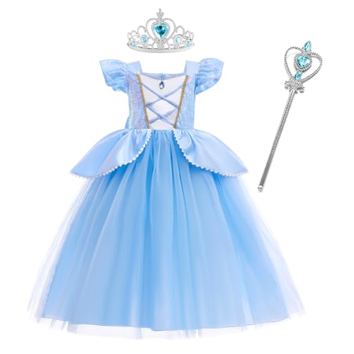 SWOAMER Mädchen Prinzessin Kostüme Cinderella Belle Faschingskostüme Kinder Rapunzel Prinzessin Lang Kleid Dornröschen Tüll Kleid Kostüm Geburtstagsfeier Festkleid Verkleidung mit Zubehör von SWOAMER