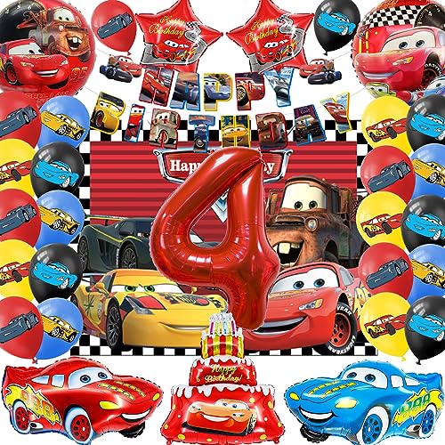 SWOKKTS Cars Geburtstag Deko 4 jahre, Kinder Auto Geburtstagsdeko 4 jahre, Auto Luftballons Geburtstag Jungen Mädchen, Cars Geburtstagsbanner Folienballon und Hintergrund (Rot Zahlenballons 4) von SWOKKTS