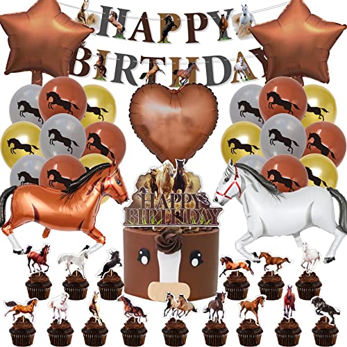 SWOKKTS Neu Pferde Geburtstagsdeko Jungen Mädchen, Pferde Luftballons Deko Geburtstag Set, Hübsch Pferde Deko Kindergeburtstag, Pferde Tortendeko Geburtstag mit HAPPY BIRTHDAY Banner von SWOKKTS